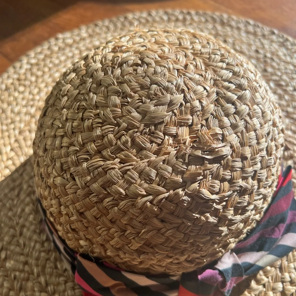Sonia Rykiel straw hat with stripe bow *flaw* tan beige multicolor vintage y2k